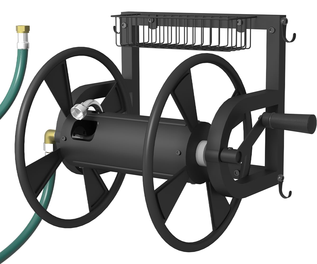 Wall Mounted Hose Reel with Storage Basket, Black Y968976