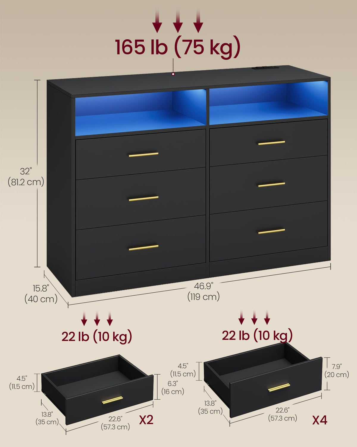 6 Drawer Dresser with LED Lights and Power Strip X588868