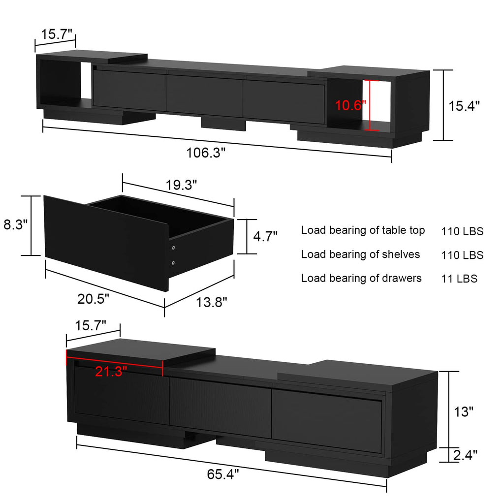 Expandable TV Stand Media Console Table with Three Drawers and Two Open Shelves I4244