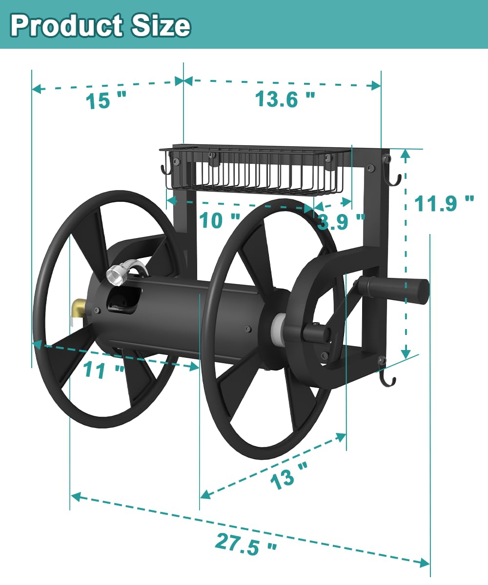 Wall Mounted Hose Reel with Storage Basket, Black Y968976