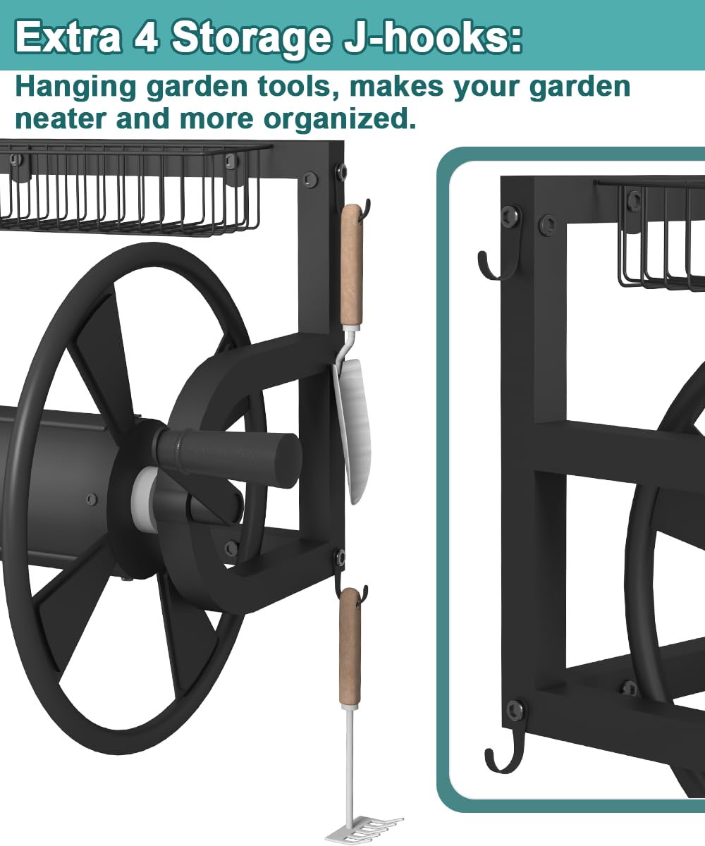 Wall Mounted Hose Reel with Storage Basket, Black Y968976