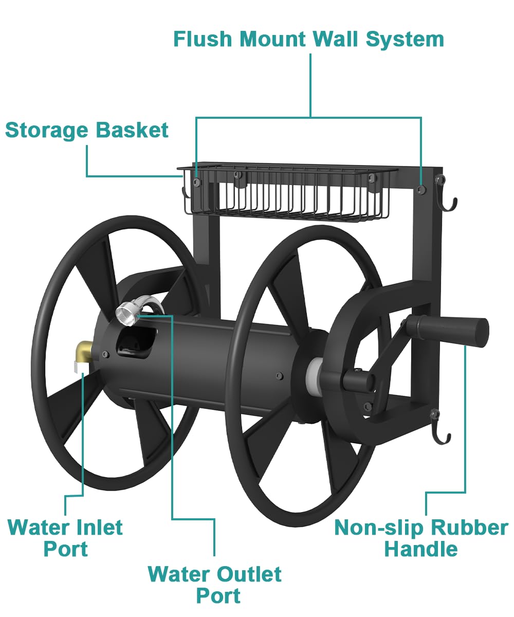Wall Mounted Hose Reel with Storage Basket, Black Y968976