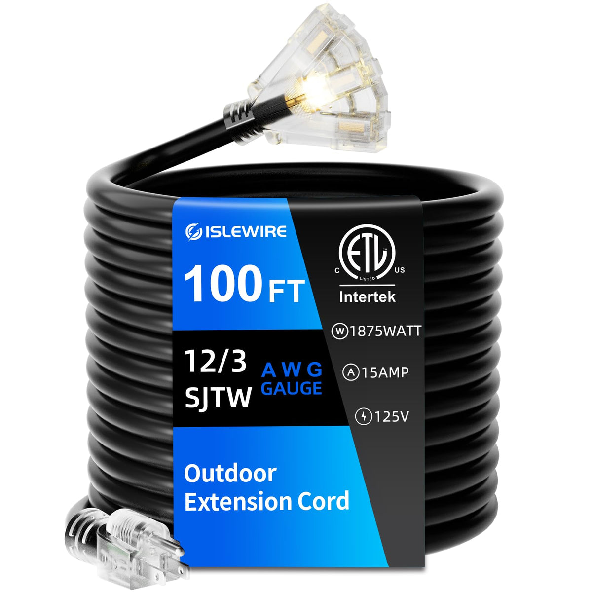 100 FT 12 Gauge Black Extension Cord with 3 Outlet Q659
