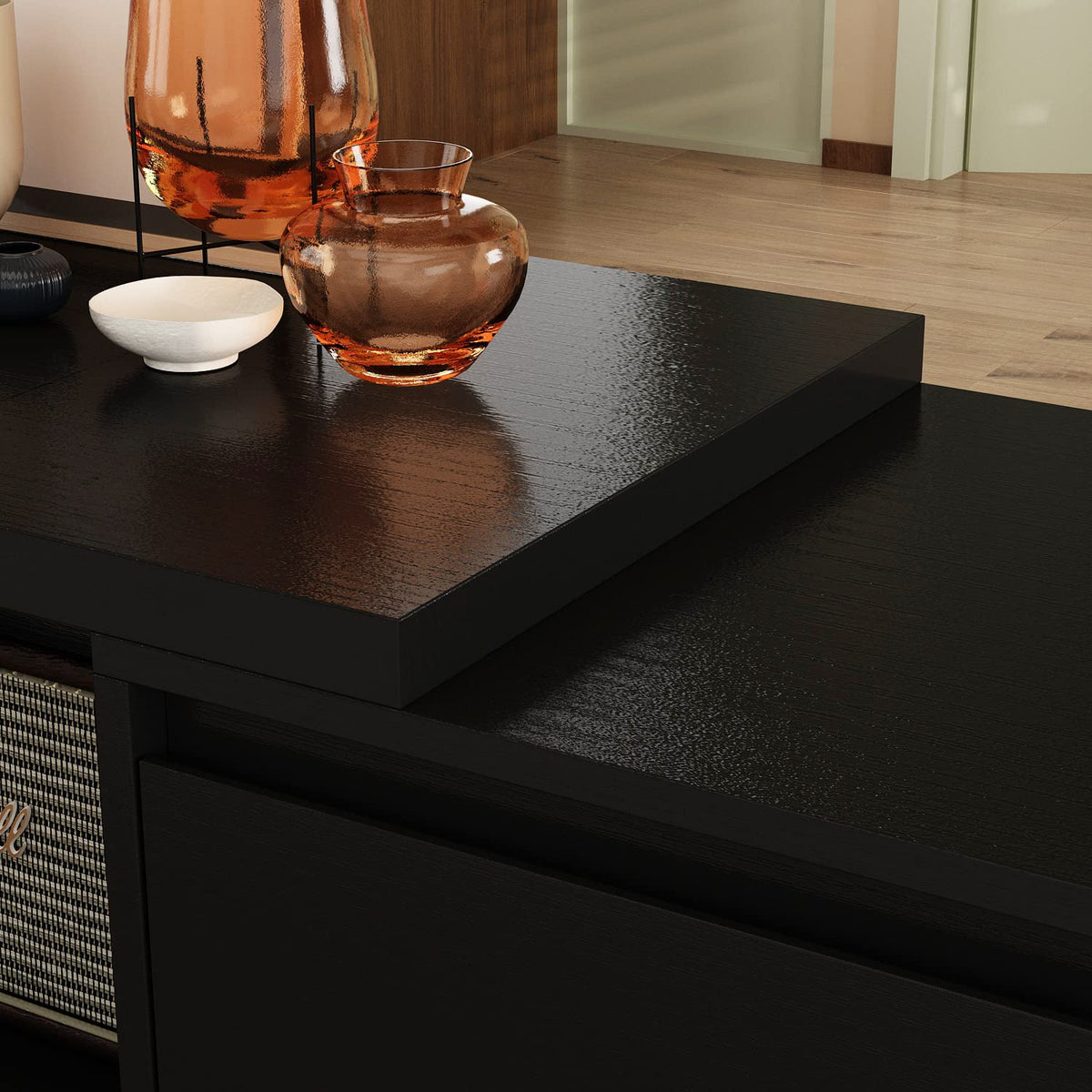 Expandable TV Stand Media Console Table with Three Drawers and Two Open Shelves I4244