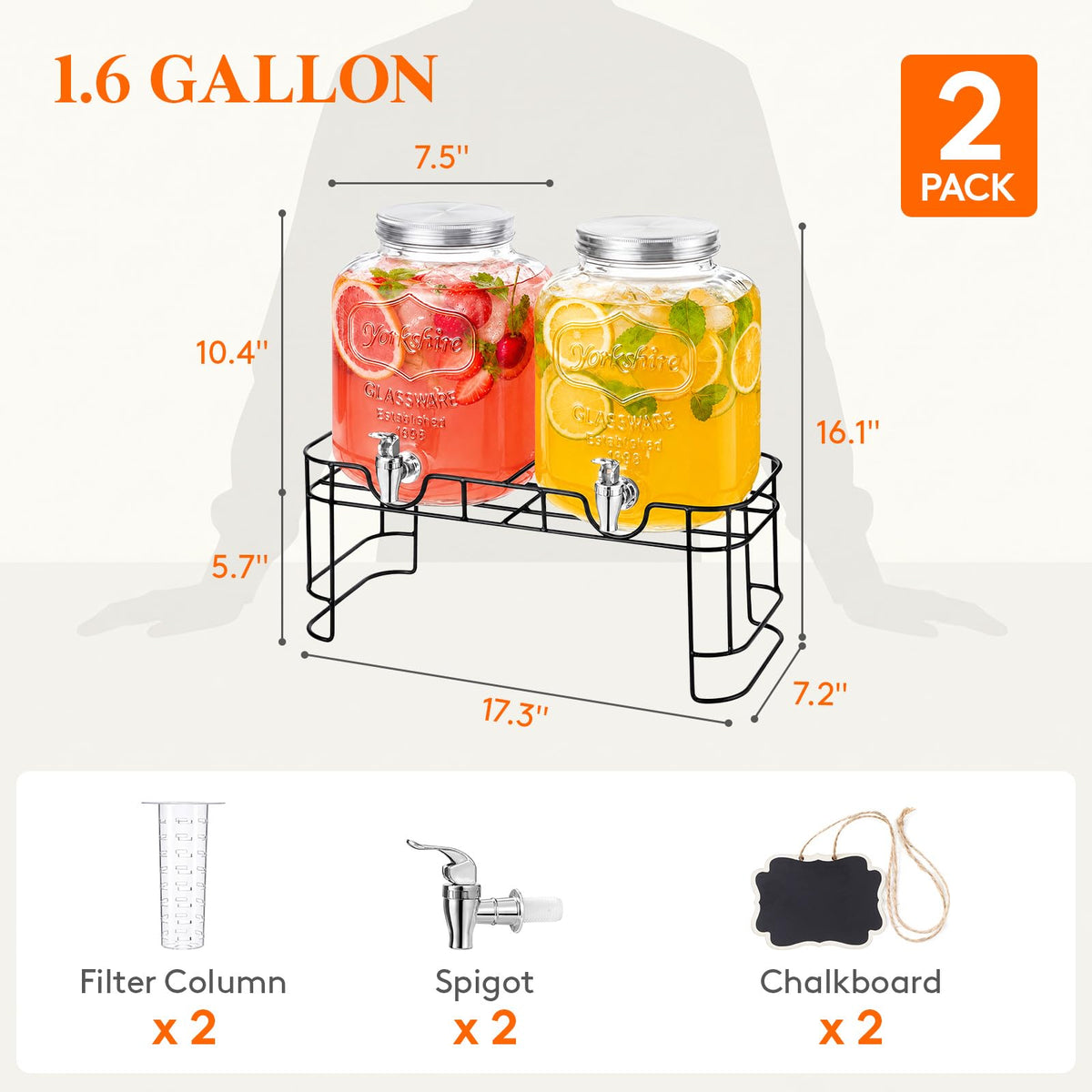 1.6 Gallon Glass Drink Dispenser with Stand & Fruit Infuser 2 Pcs L7118