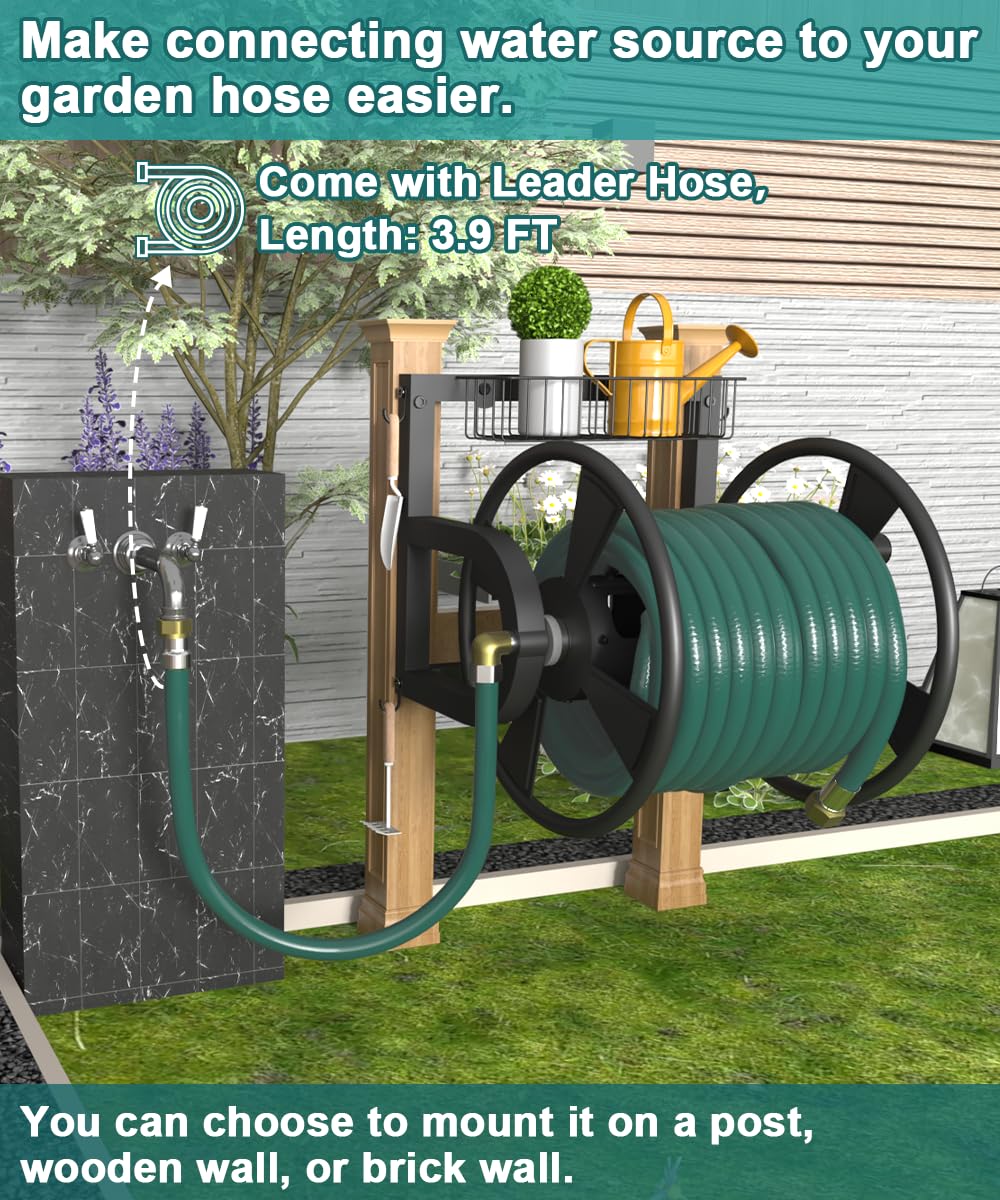 Wall Mounted Hose Reel with Storage Basket, Black Y968976