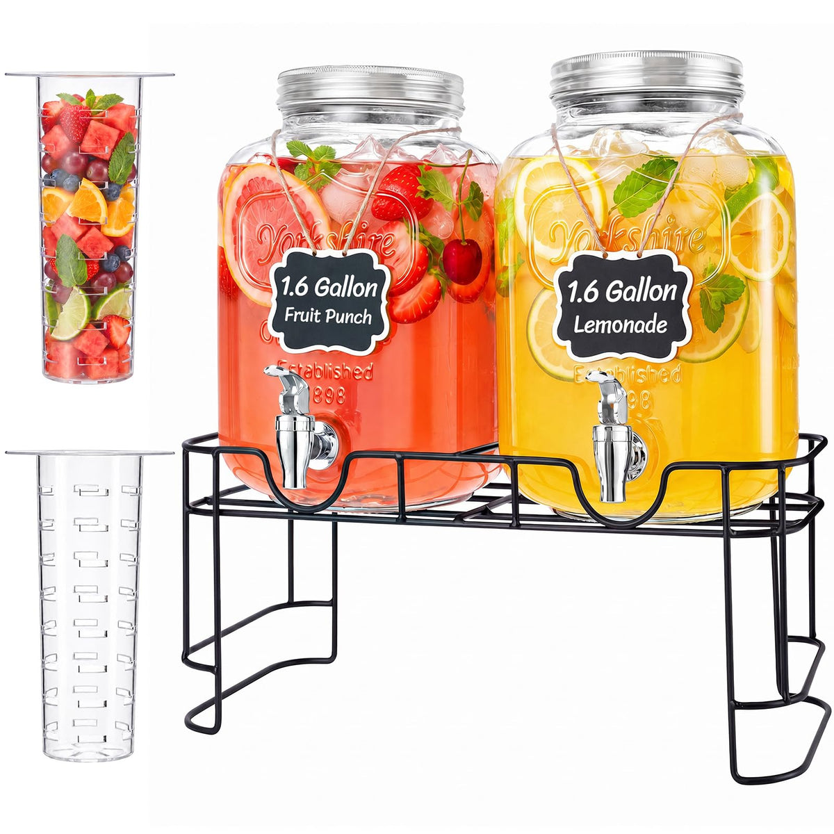 1.6 Gallon Glass Drink Dispenser with Stand & Fruit Infuser 2 Pcs L7118