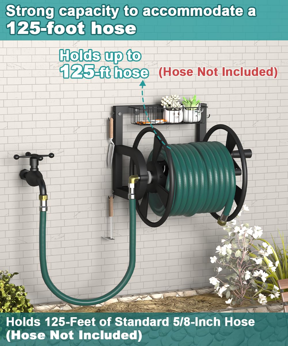 Wall Mounted Hose Reel with Storage Basket, Black Y968976