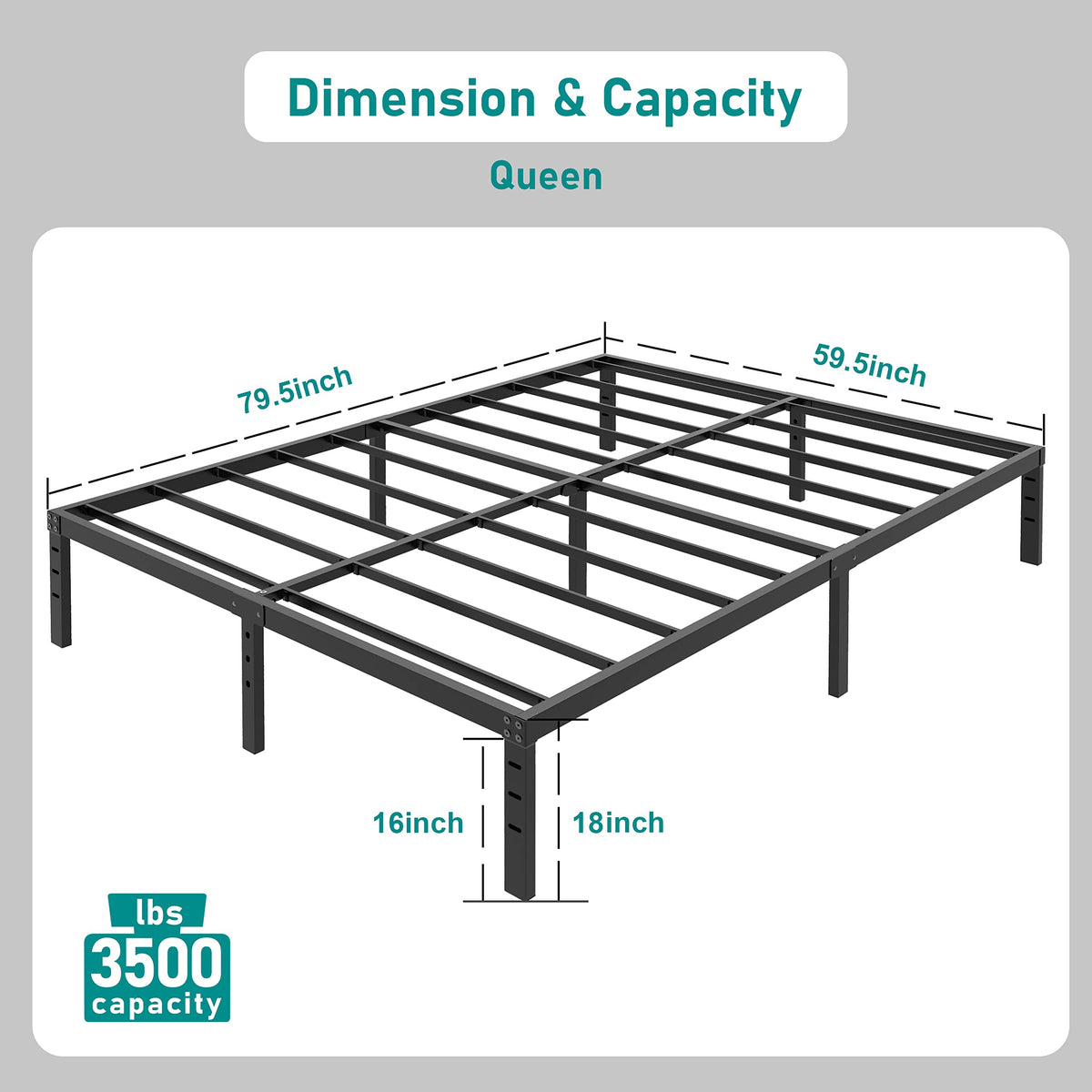 18 Inch Queen Metal Platform Bed Frame Heavy Duty Black P722274