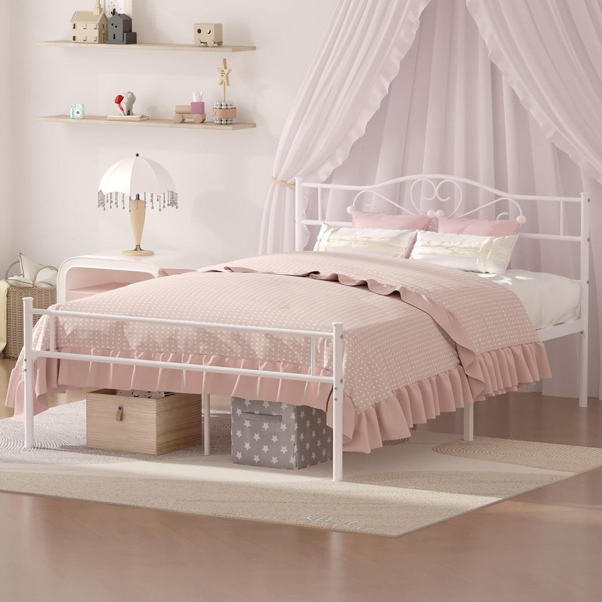 14 Inch Full Size White Metal Platform Bed Frame with Headboard and Footboard Y512814