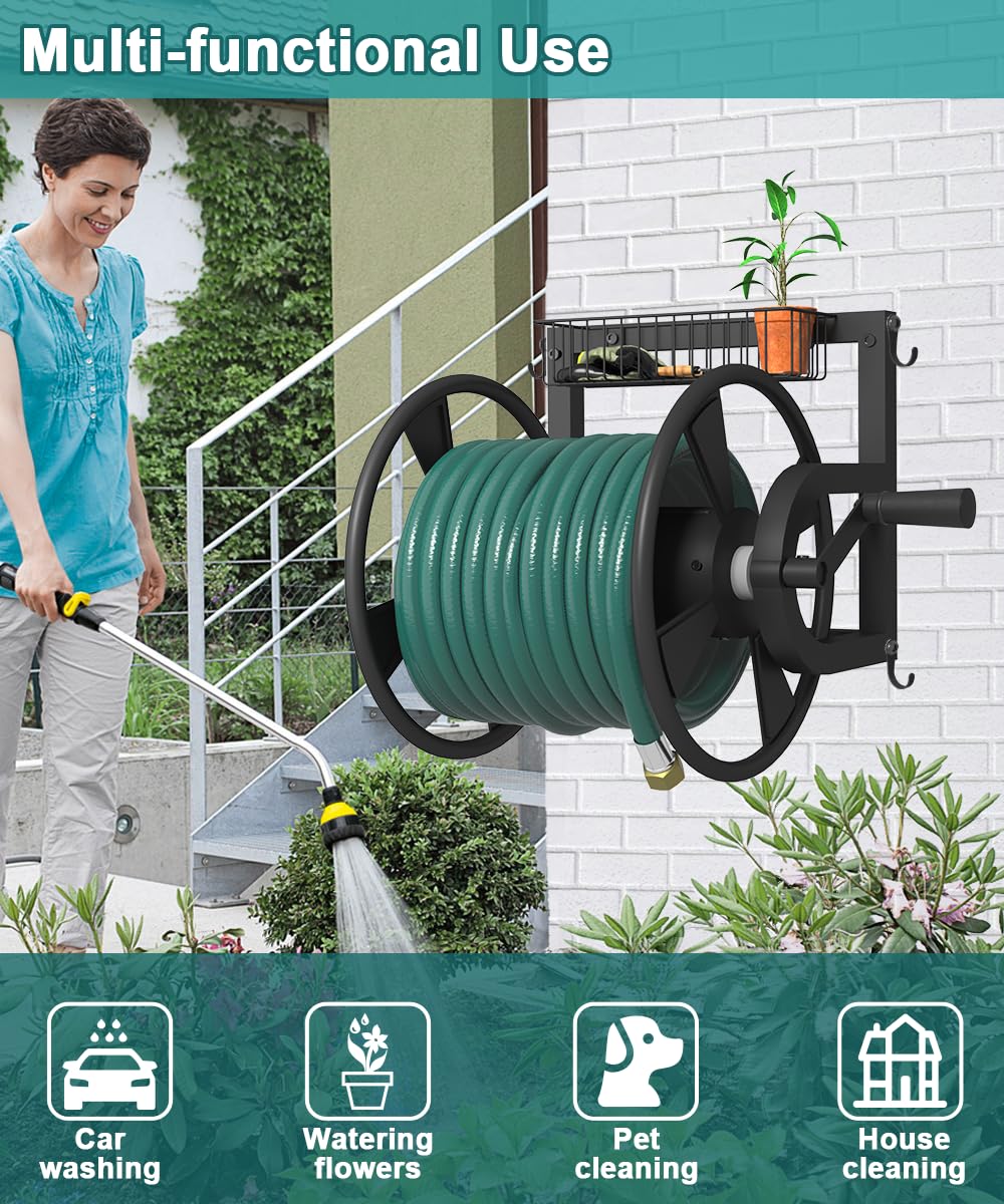 Wall Mounted Hose Reel with Storage Basket, Black Y968976