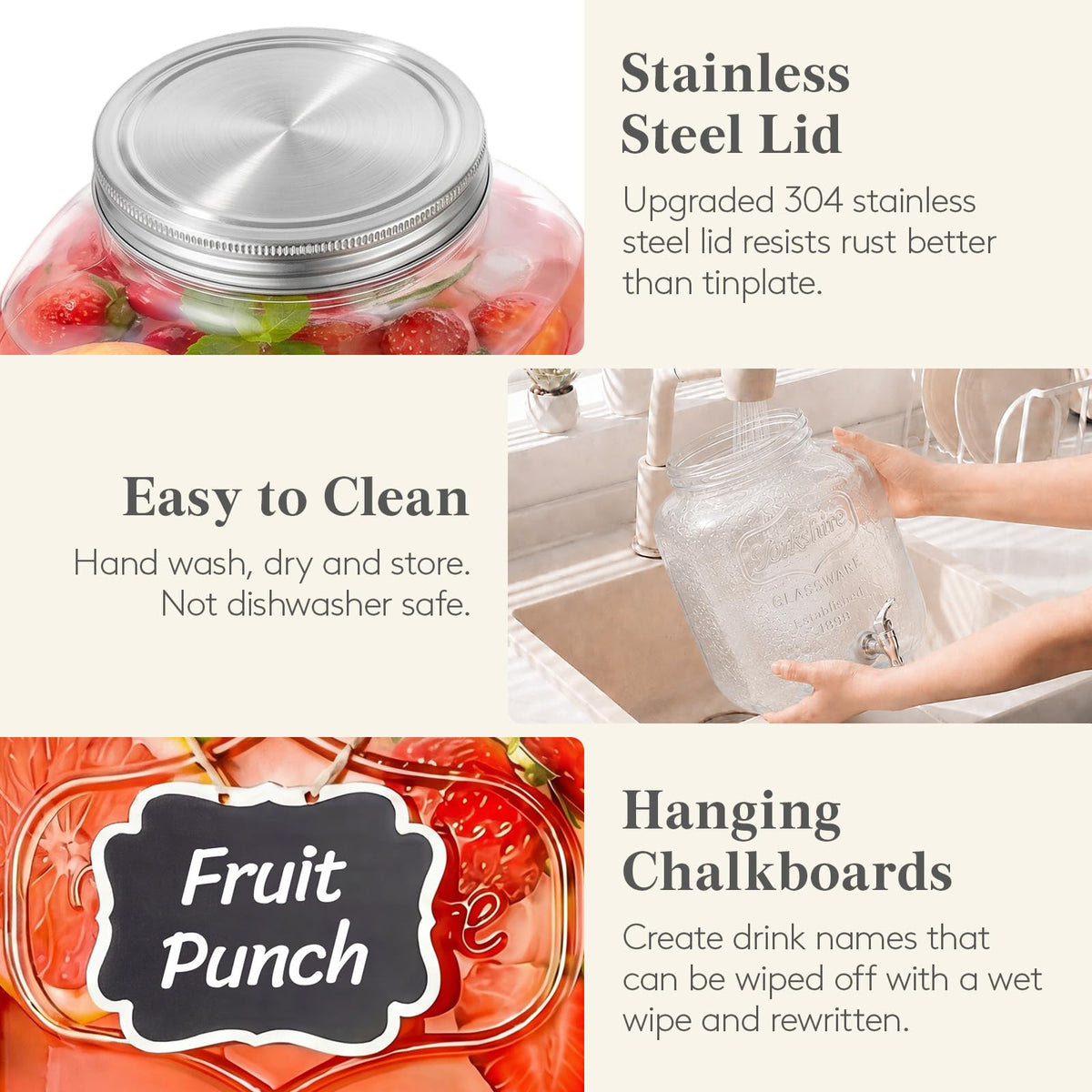 1.6 Gallon Glass Drink Dispenser with Stand & Fruit Infuser 2 Pcs L7118