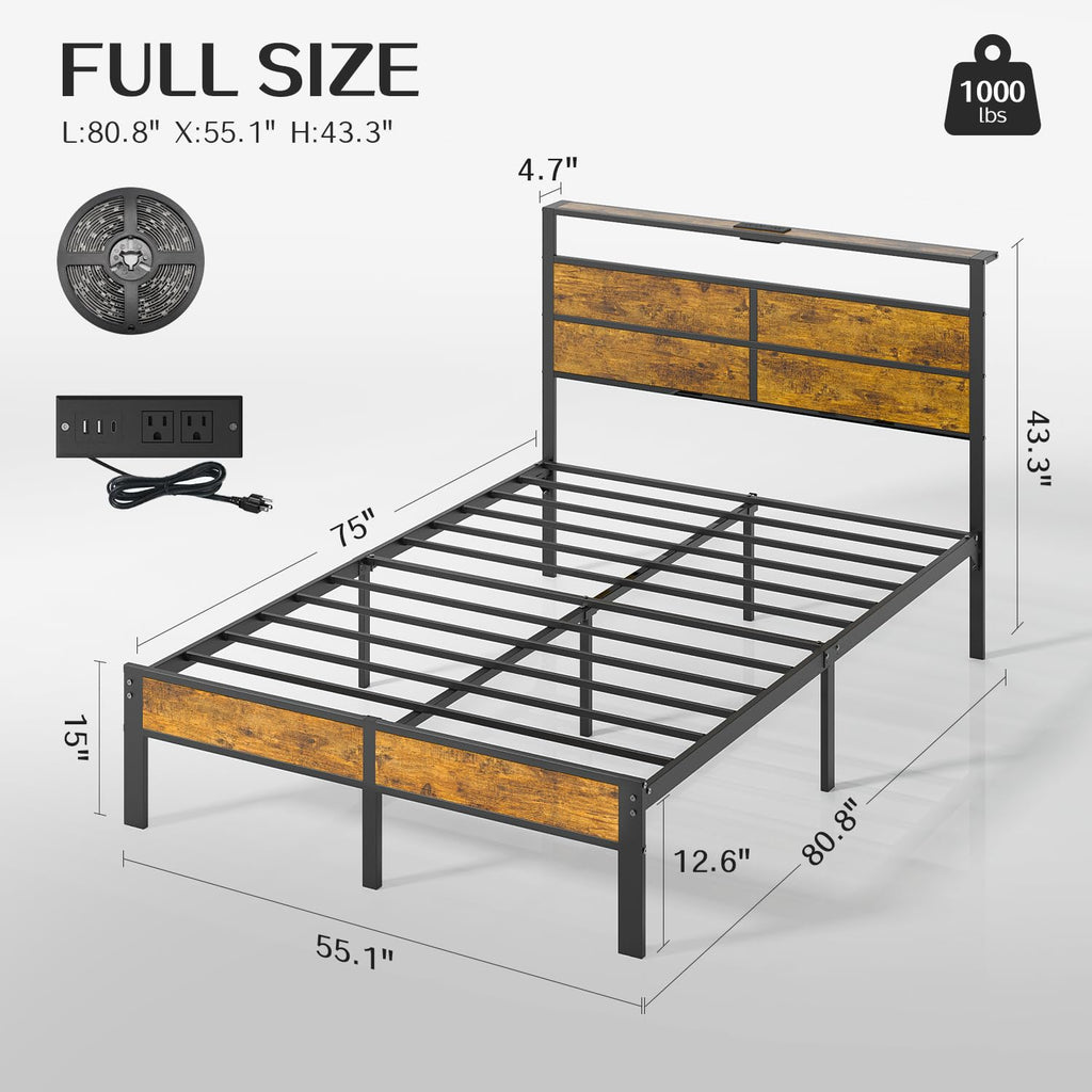 Full Size Platform Bed Frame with Charging Station Headboard and LED Lights Z21268