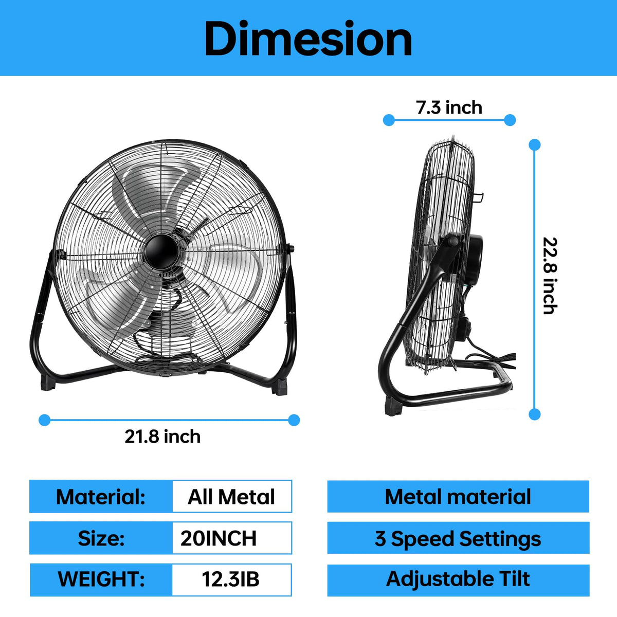 20 Inch Heavy Duty High Velocity Metal Floor Fan K734