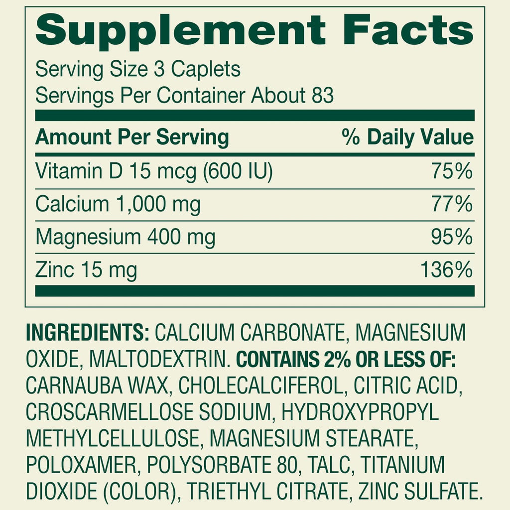 Calcium Magnesium Zinc Plus Vitamin D3 Caplets 250 Ct X249