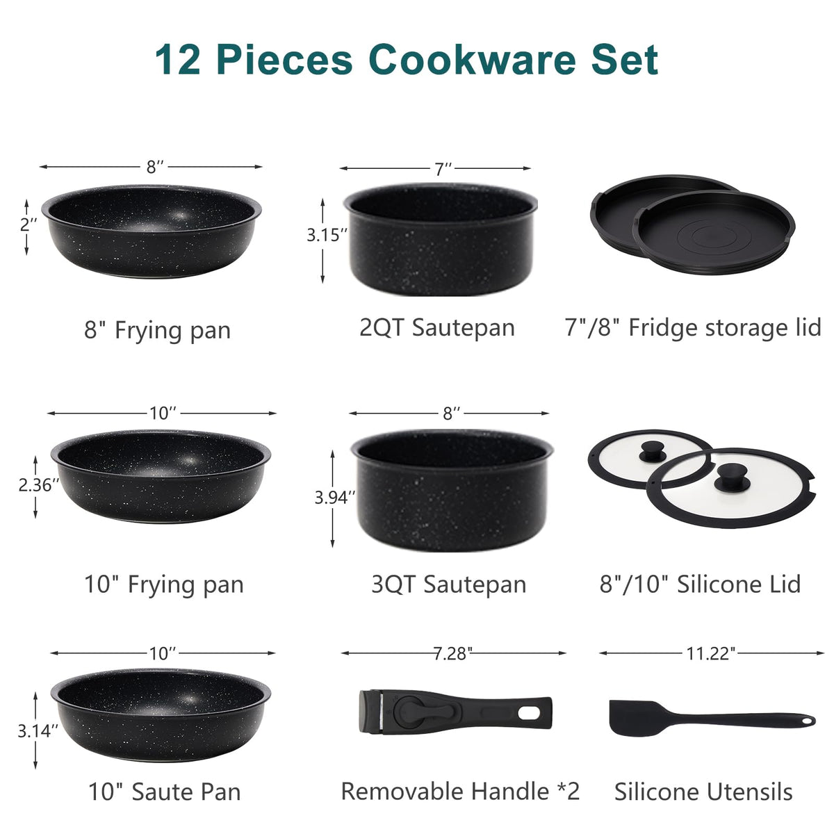 12-Piece Nonstick Cookware Set with Detachable Handle, Black H954
