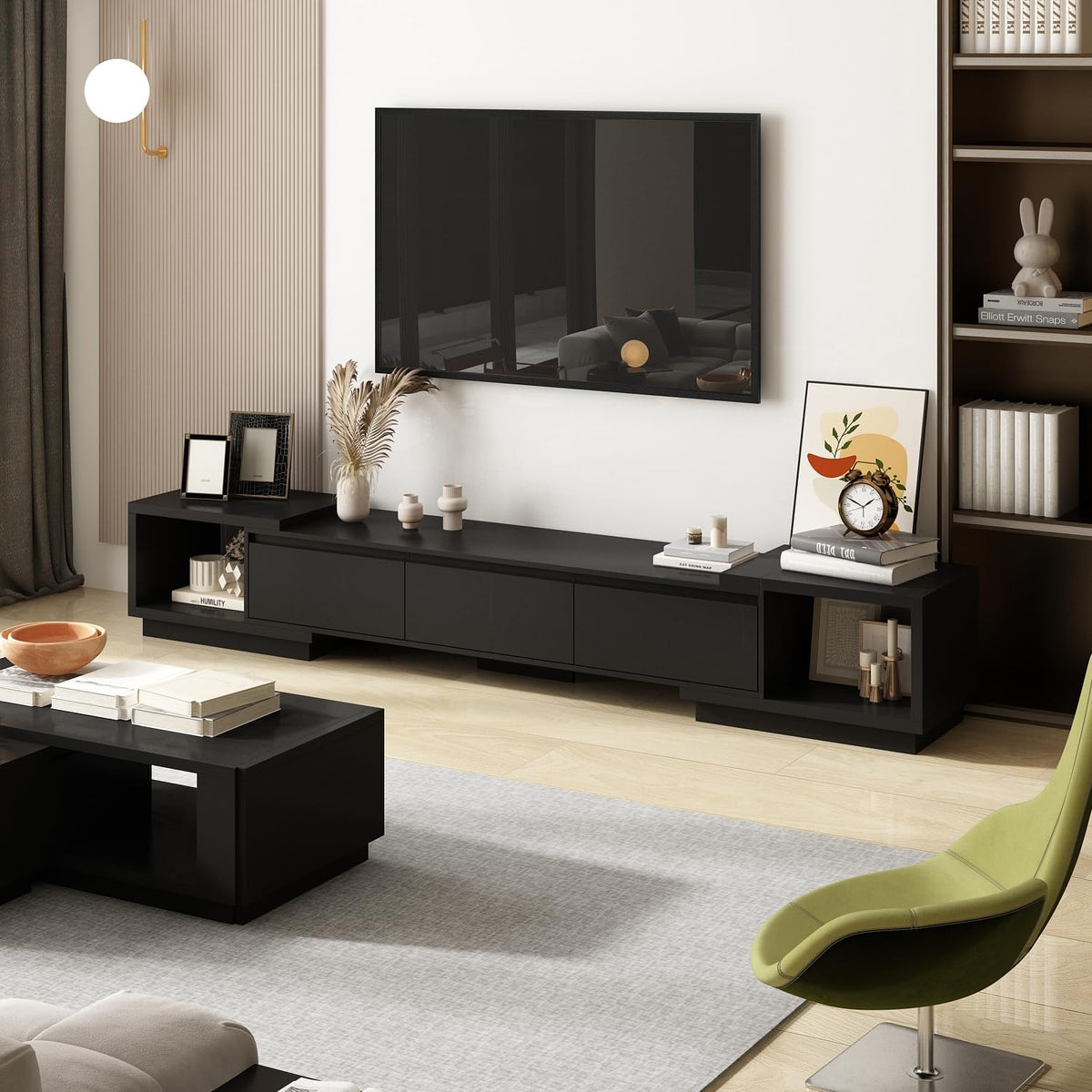 Expandable TV Stand Media Console Table with Three Drawers and Two Open Shelves I4244