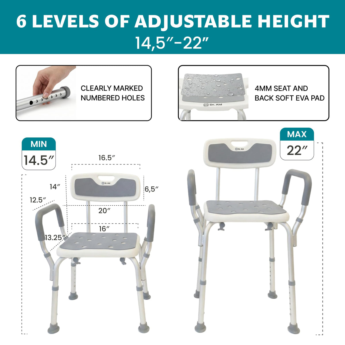 Shower Chair, 6-Height Adjustable, 400 lbs L4237