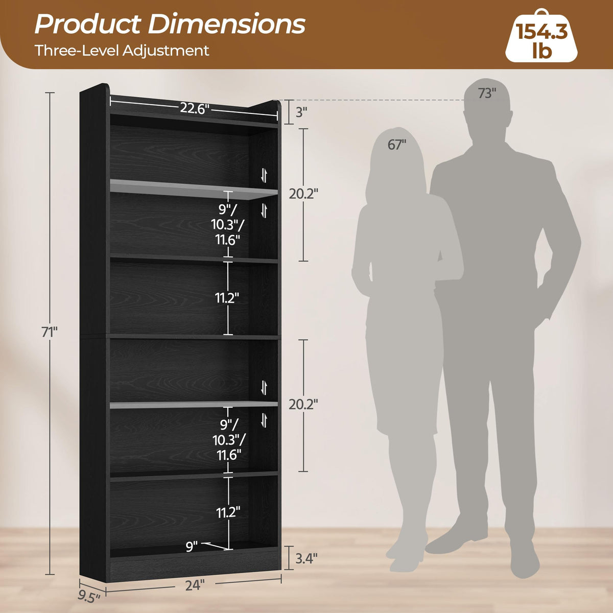 Black 7-Tier Adjustable Shelves Bookcase A5937