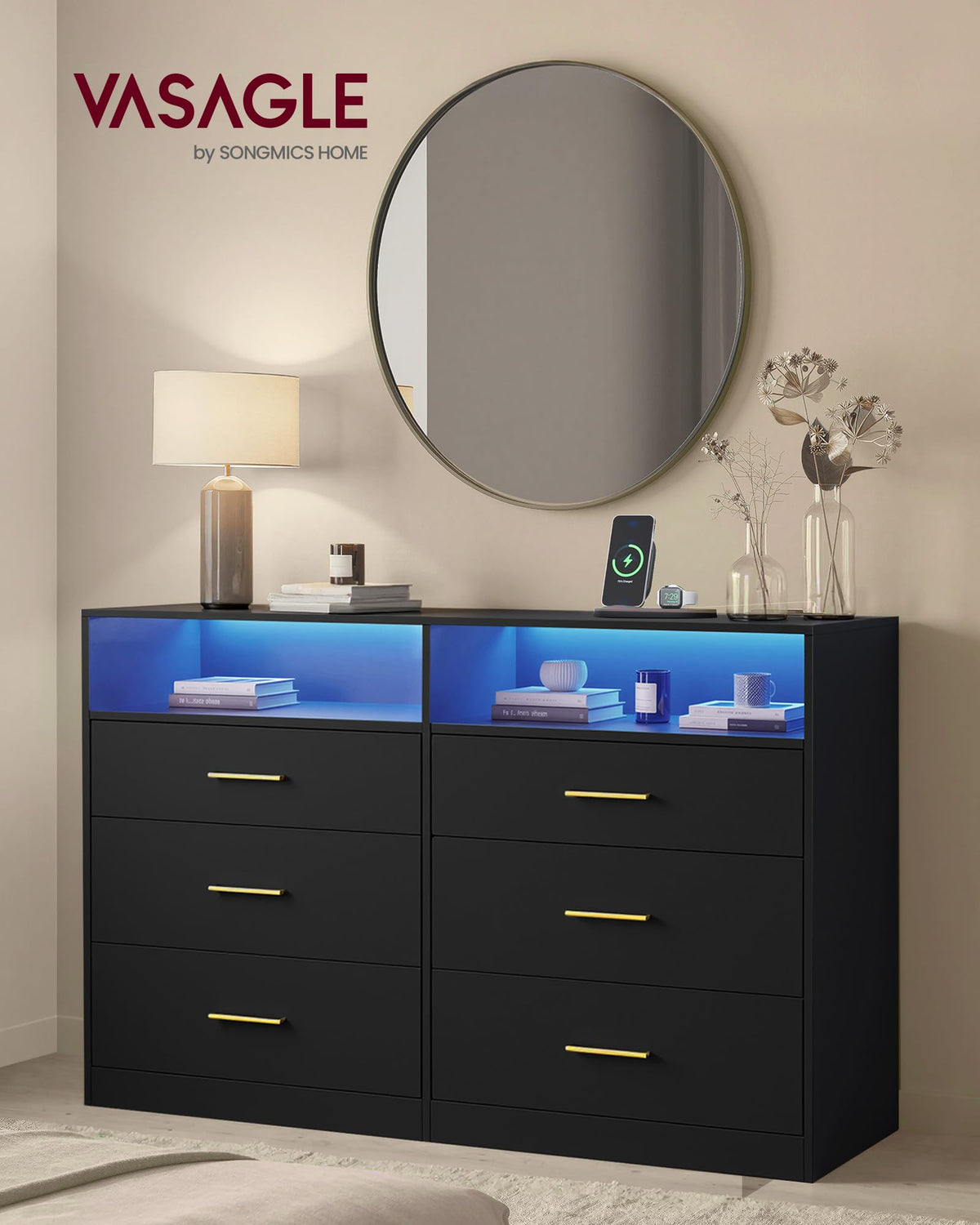 6 Drawer Dresser with LED Lights and Power Strip X588868