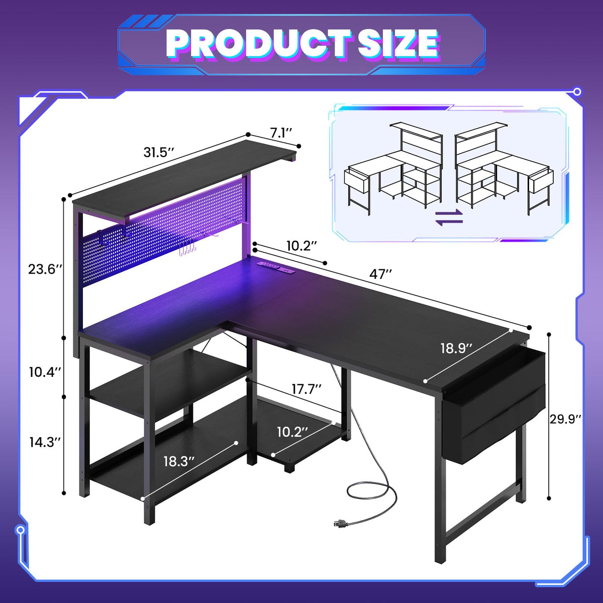 47in Black L Shaped Gaming Desk with Pegboard I28685