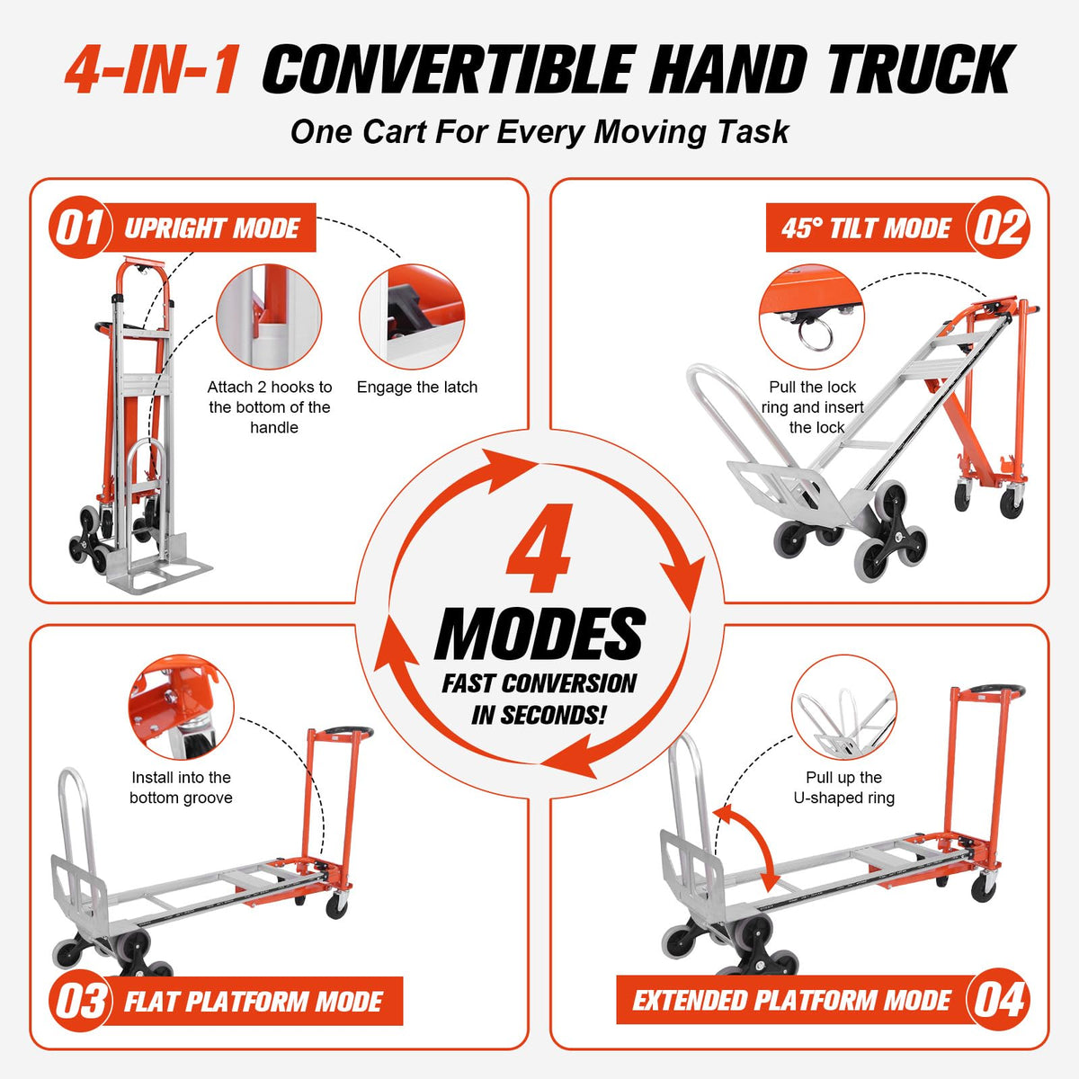 4-in-1 Convertible Stair Climbing Hand Truck, 1000LBS Heavy Duty Folding Aluminum Dolly Cart with Wheels & Handle P60076
