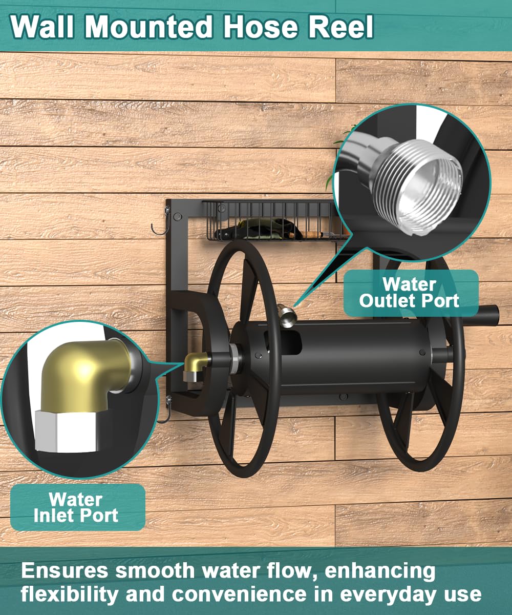 Wall Mounted Hose Reel with Storage Basket, Black Y968976