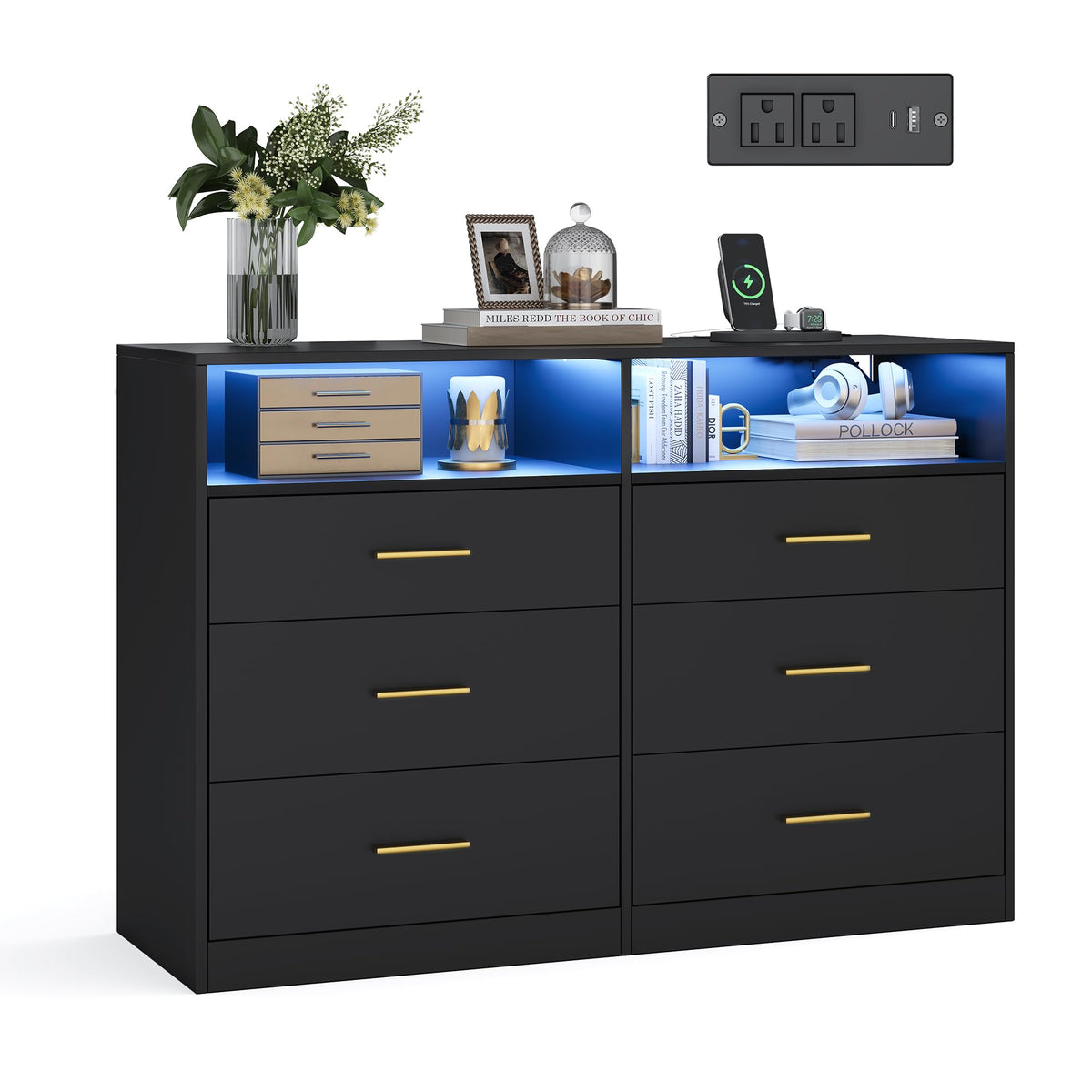 6 Drawer Dresser with LED Lights and Power Strip X588868