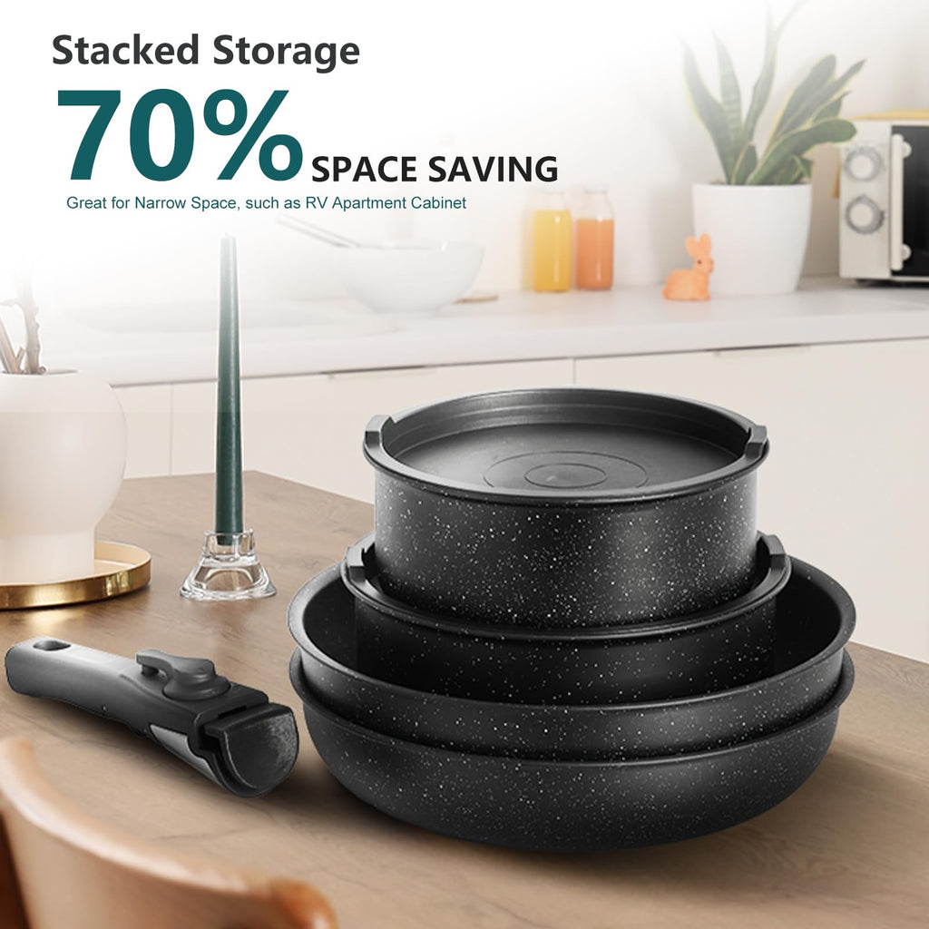 12-Piece Nonstick Cookware Set with Detachable Handle, Black H954