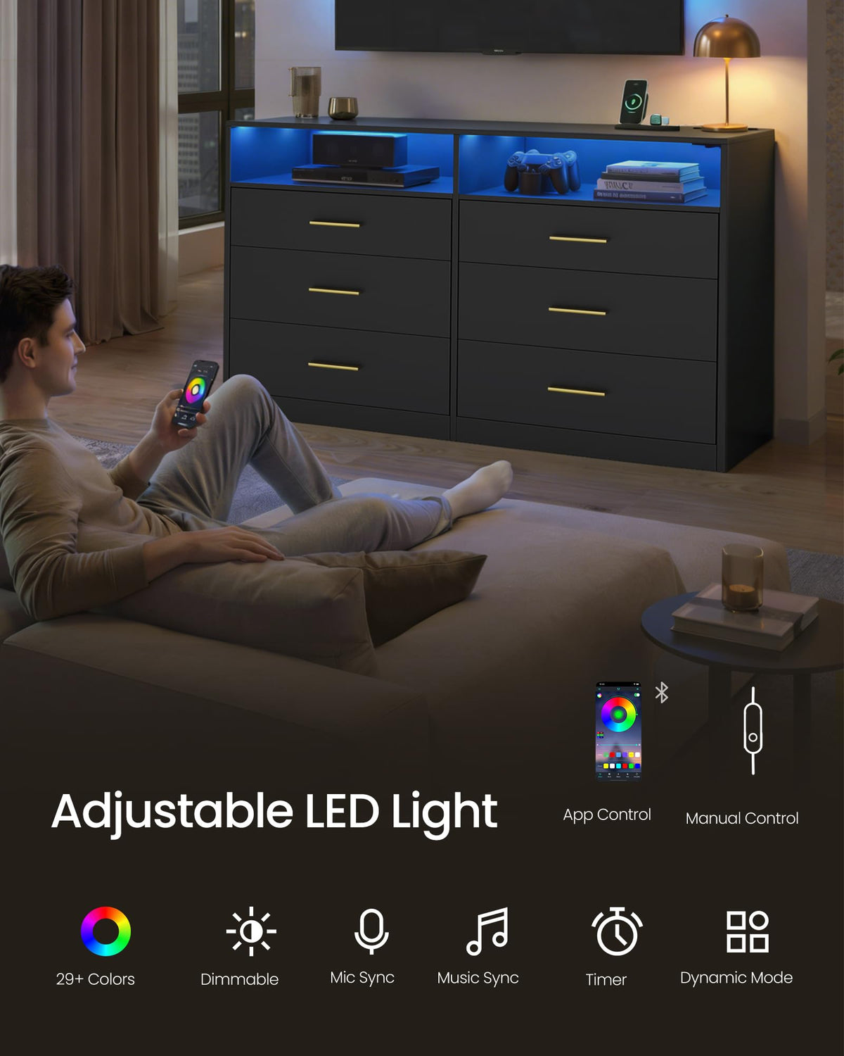 6 Drawer Dresser with LED Lights and Power Strip X588868