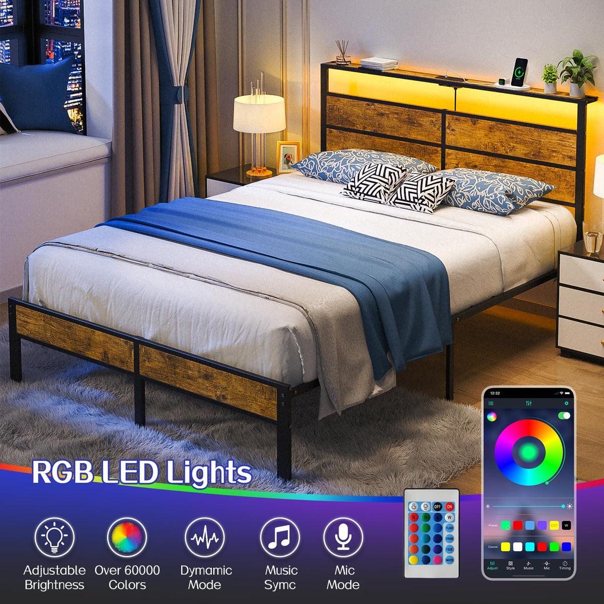 Full Size Platform Bed Frame with Charging Station Headboard and LED Lights Z21268