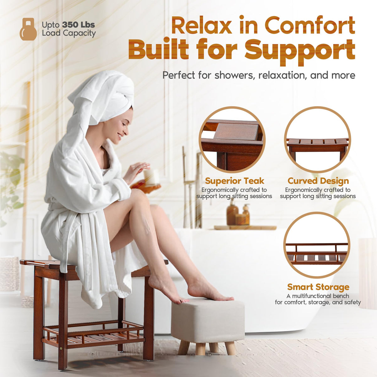 21" Teak Shower Bench with Storage Shelf R33486