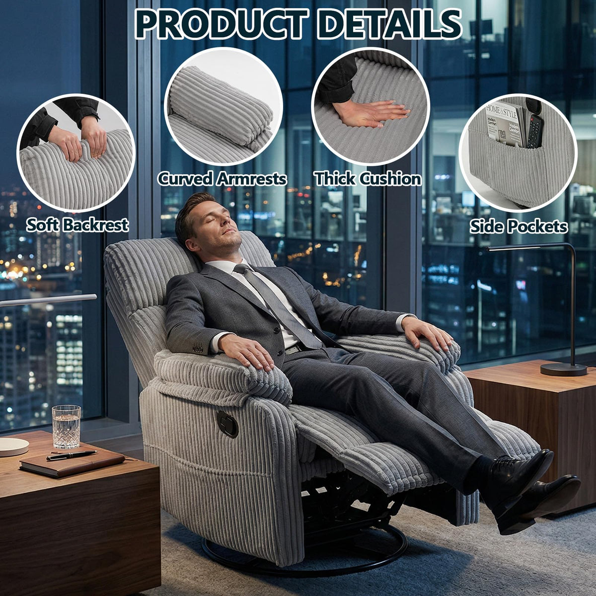 360° Swivel Rocking Corduroy Recliner D714091