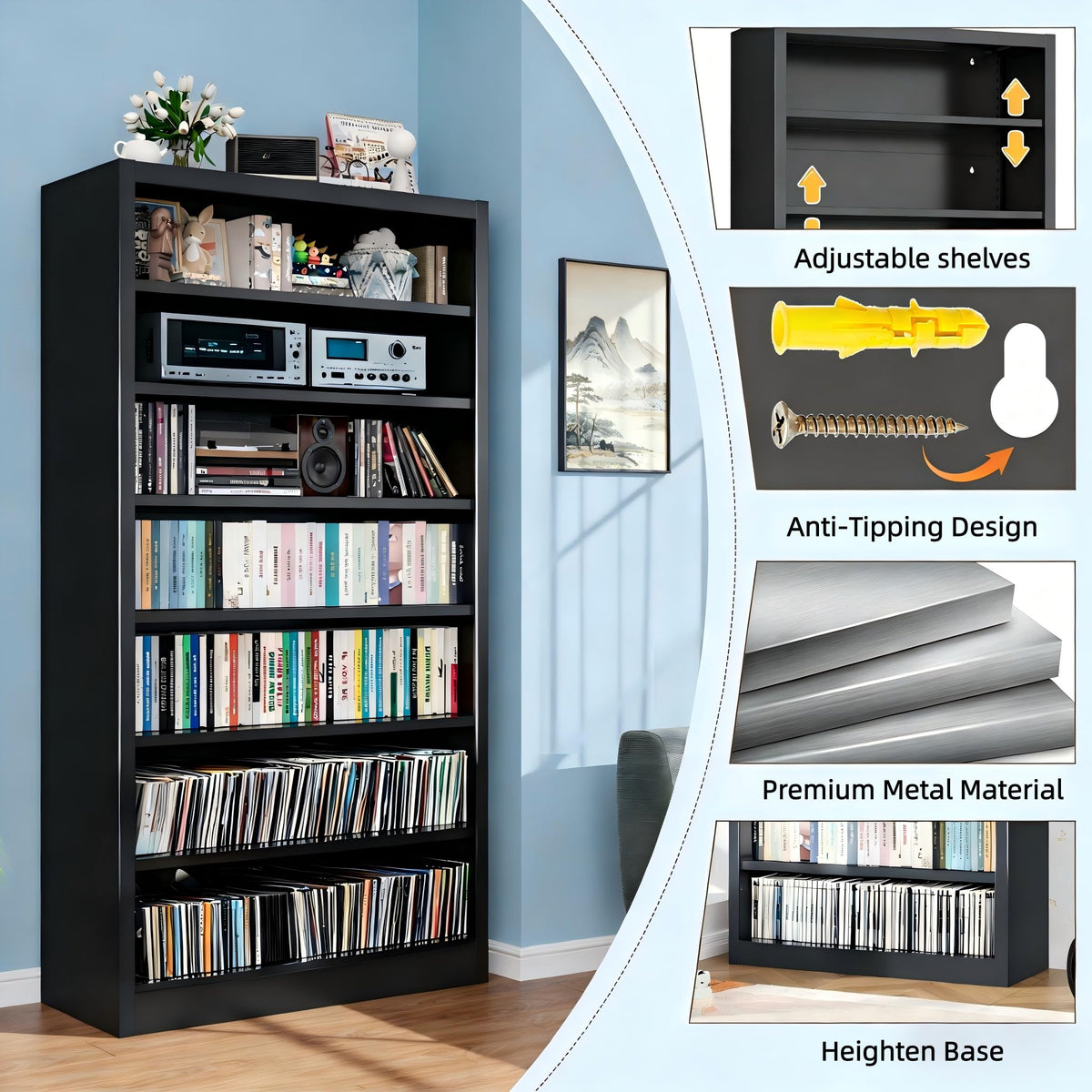 Black 7 Tier Metal Media Storage Cabinet H282