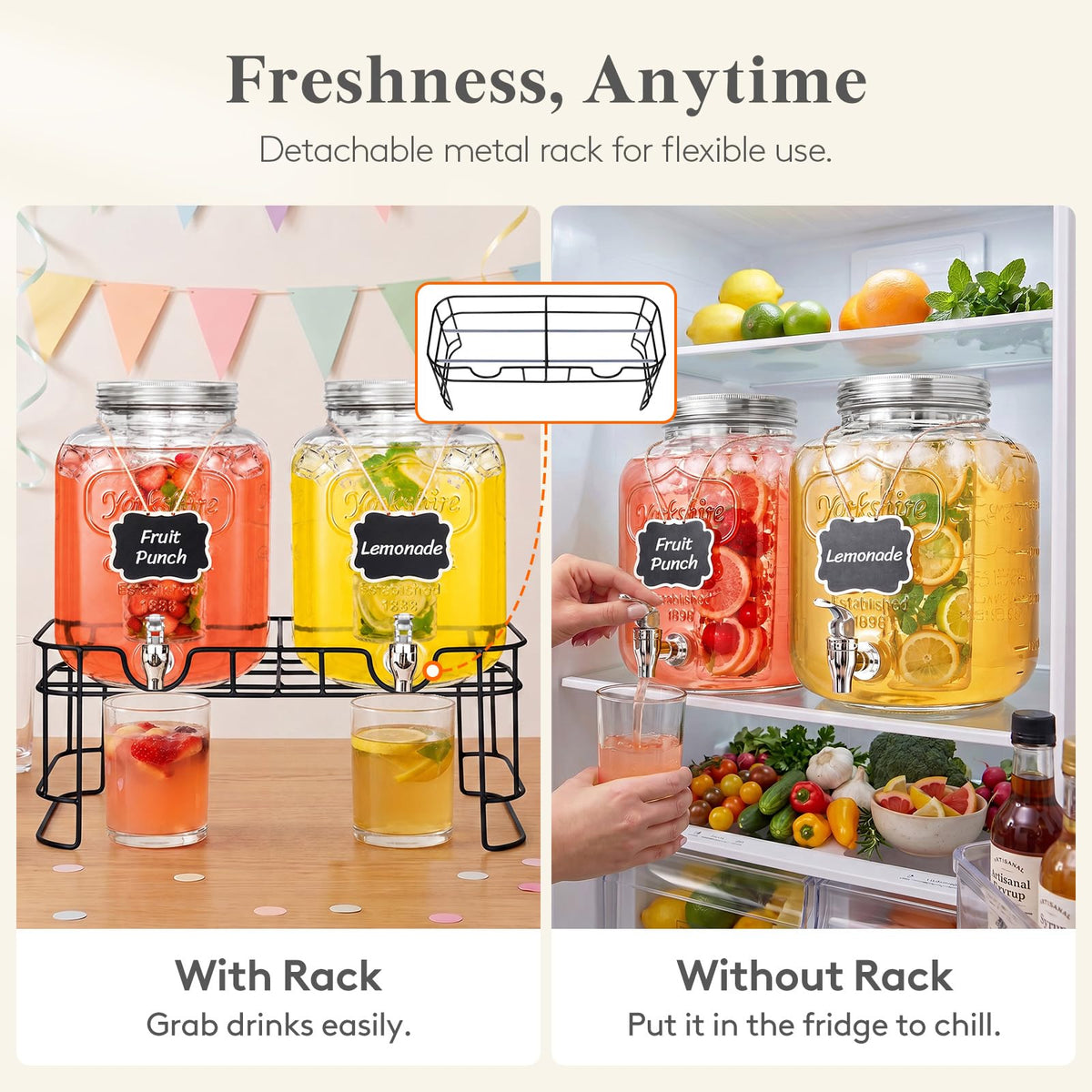 1.6 Gallon Glass Drink Dispenser with Stand & Fruit Infuser 2 Pcs L7118