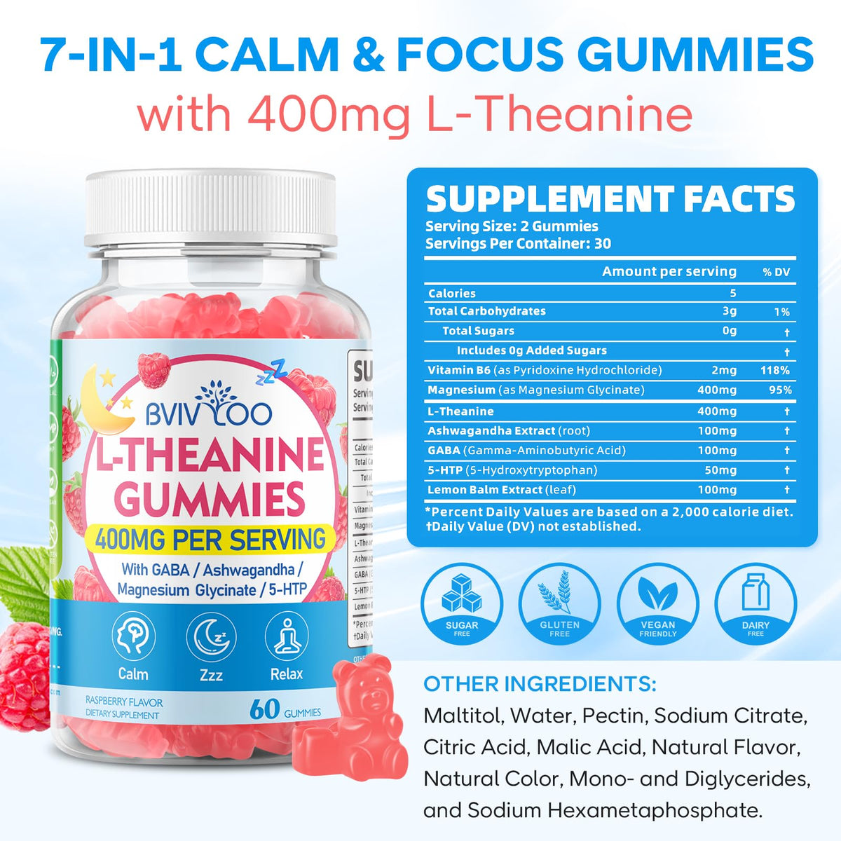 L-Theanine Gummies with Ashwagandha, GABA, 5-HTP, Magnesium Glycinate, Raspberry, 60 Count E25860