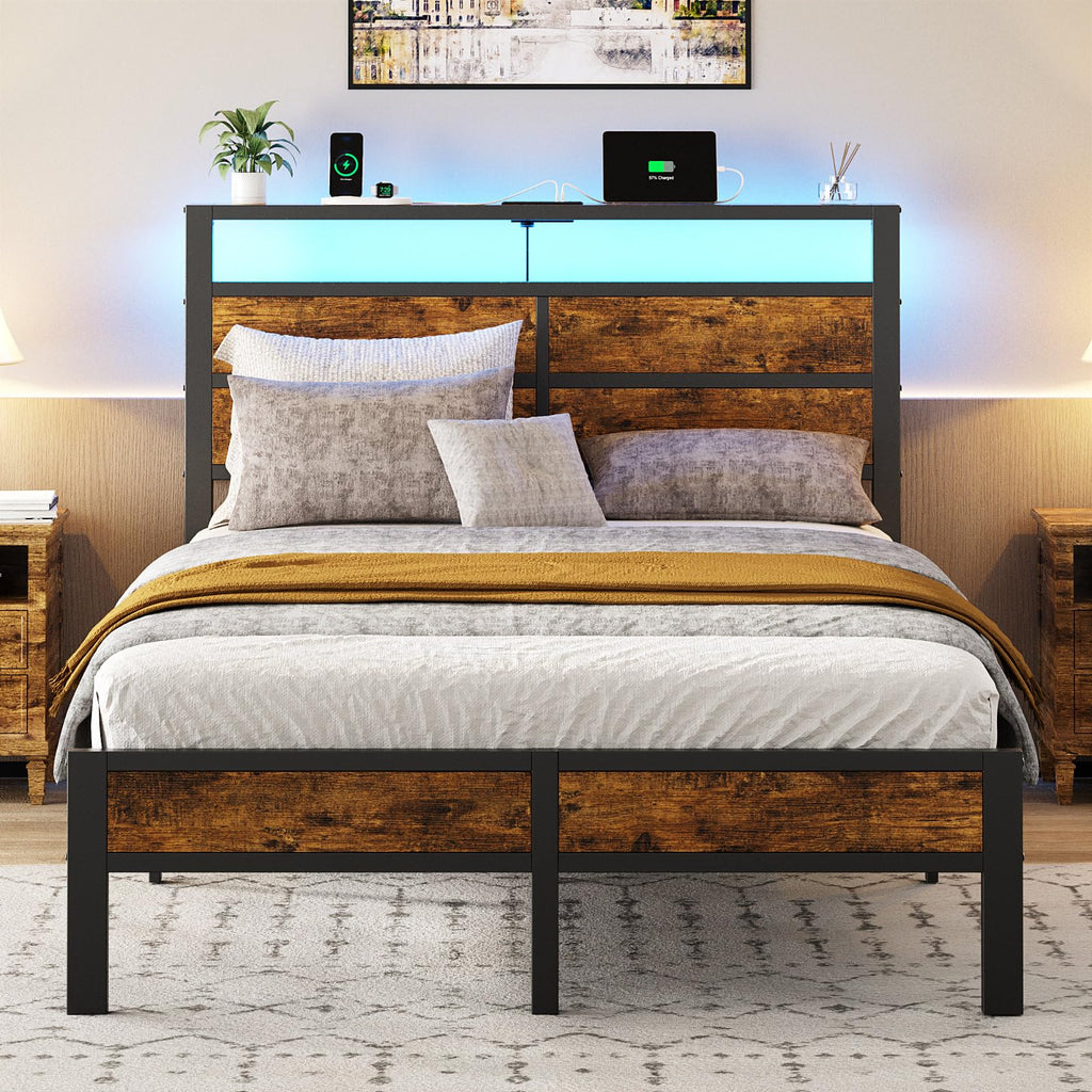 Full Size Platform Bed Frame with Charging Station Headboard and LED Lights Z21268