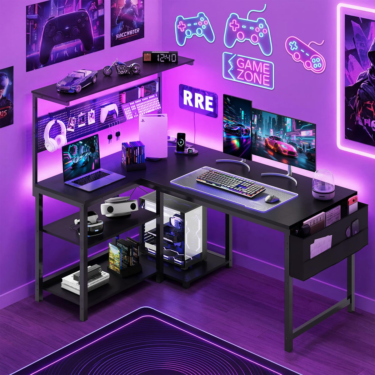 47in Black L Shaped Gaming Desk with Pegboard I28685
