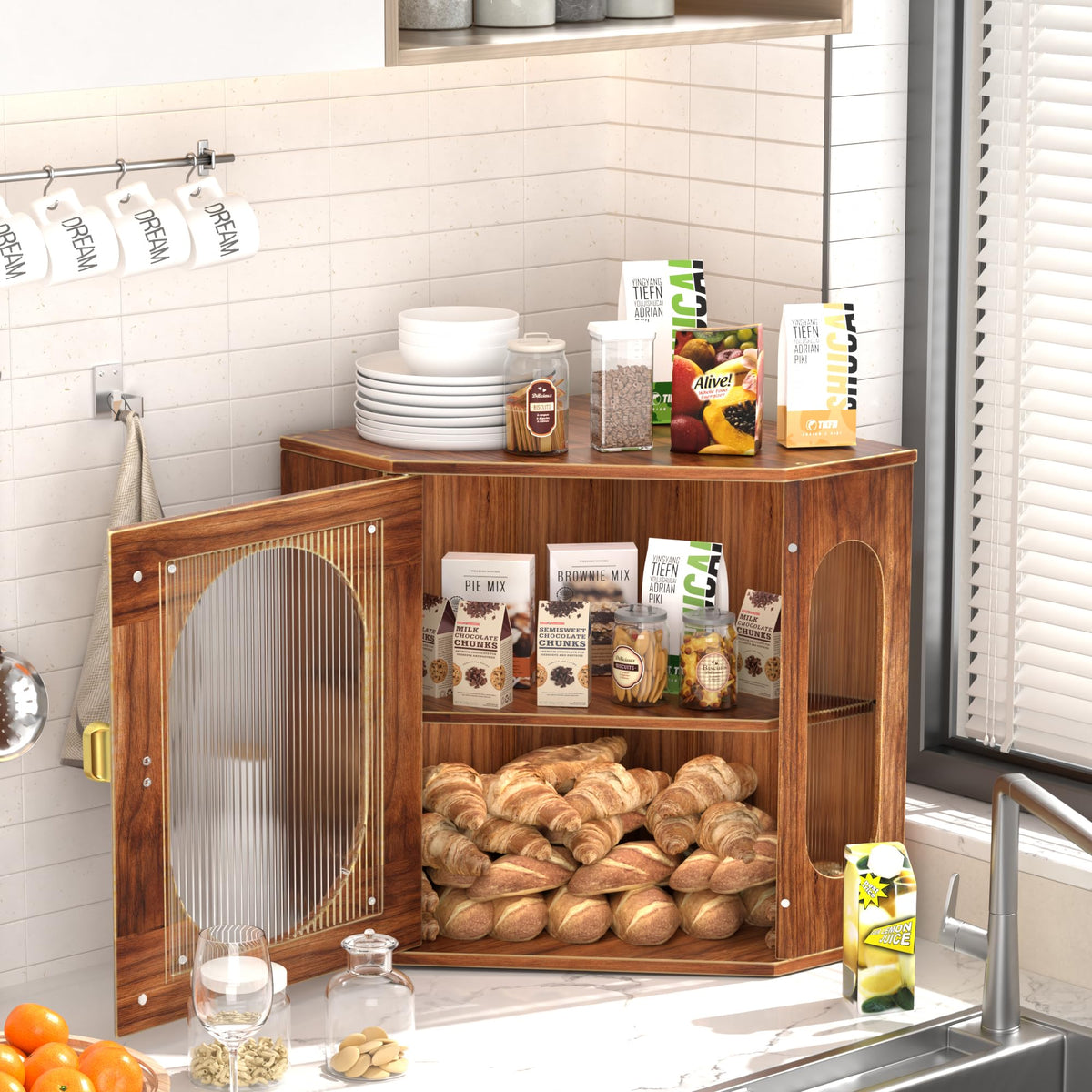 Large Wooden Double Layer Bread Box with Acrylic Window T269432