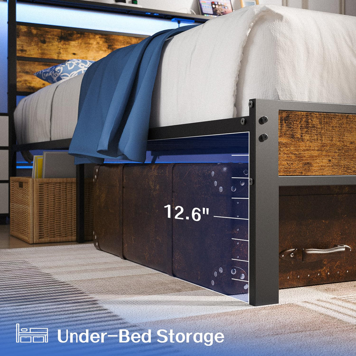 Full Size Platform Bed Frame with Charging Station Headboard and LED Lights Z21268