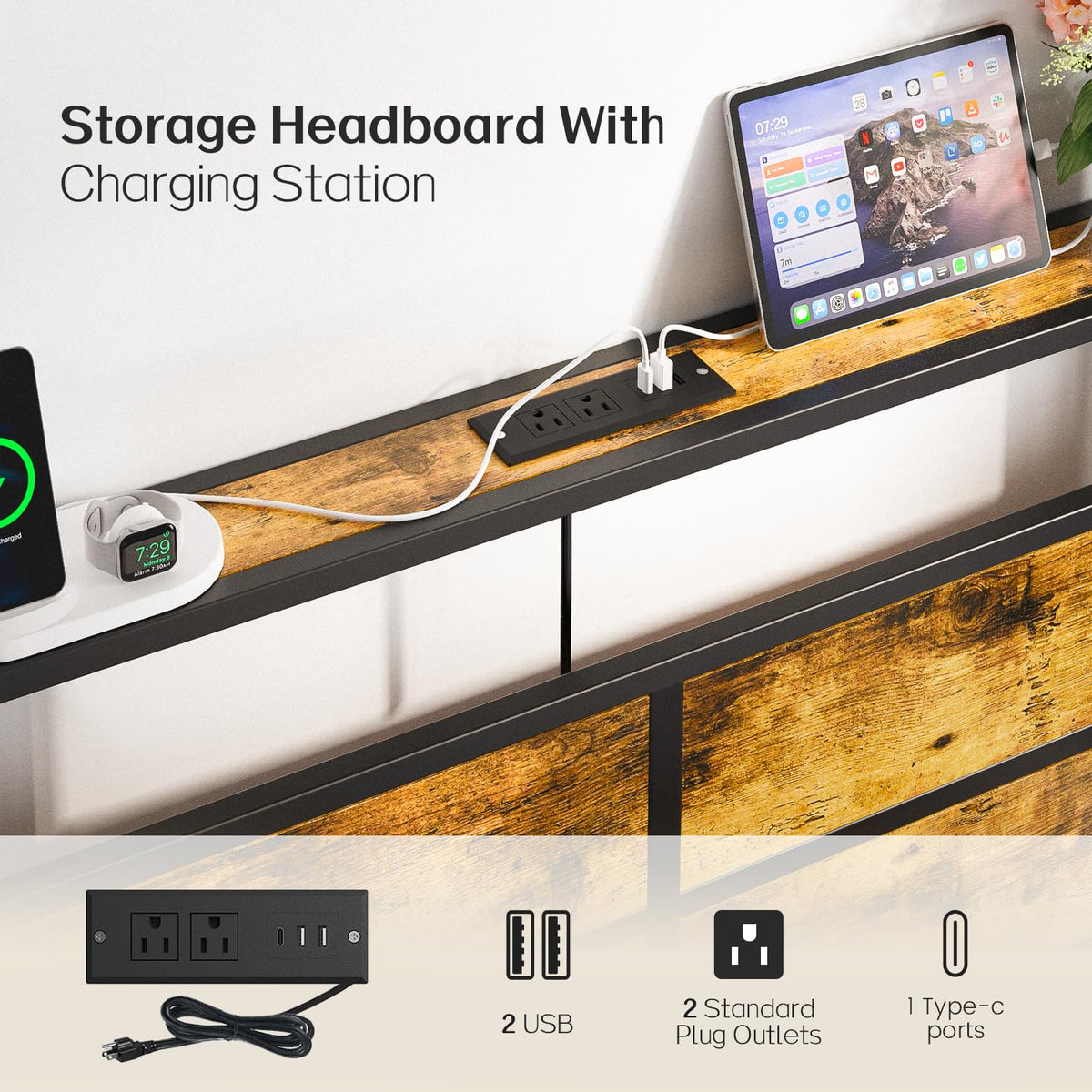 Full Size Platform Bed Frame with Charging Station Headboard and LED Lights Z21268
