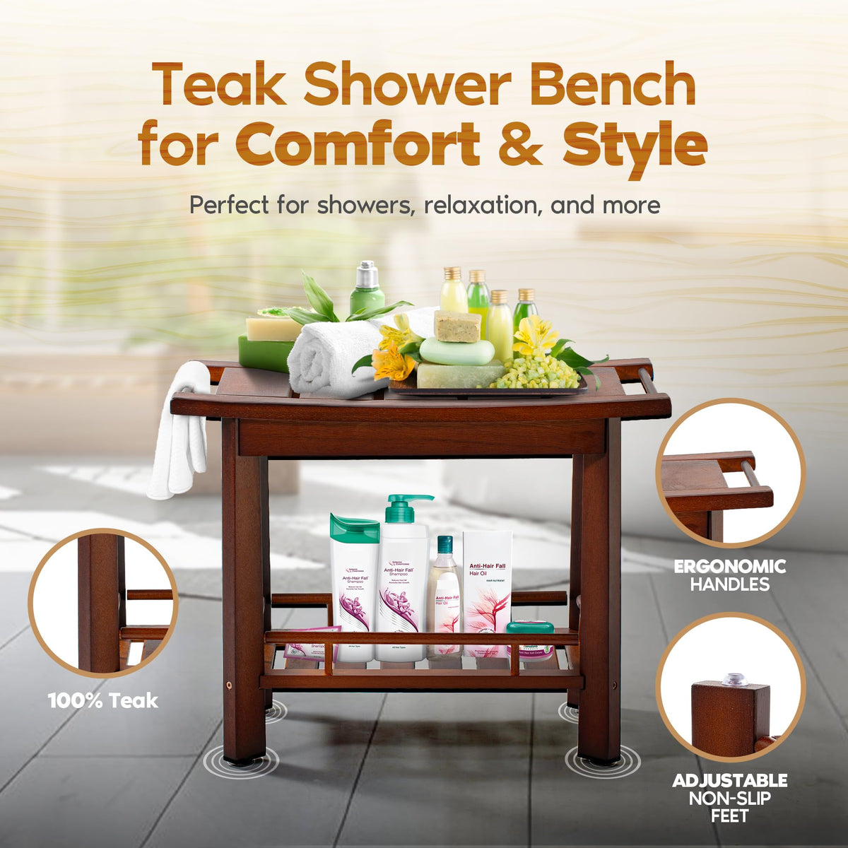 21" Teak Shower Bench with Storage Shelf R33486