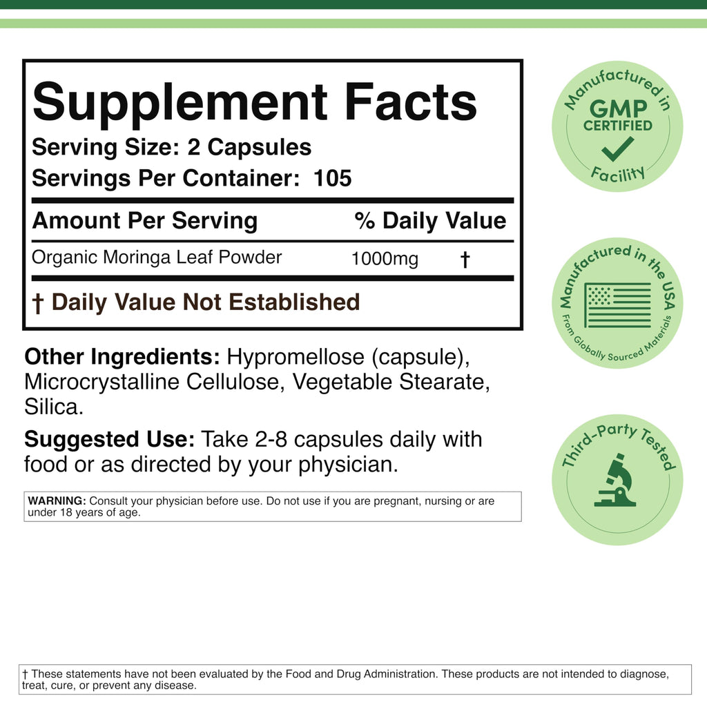 Organic Moringa Leaf 1,000mg 210 Capsules W27089