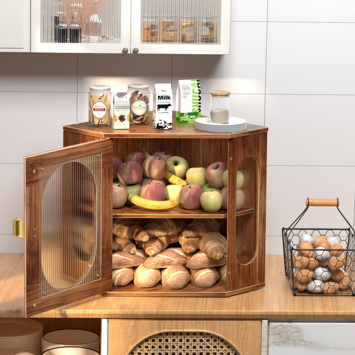 Large Wooden Double Layer Bread Box with Acrylic Window T269432