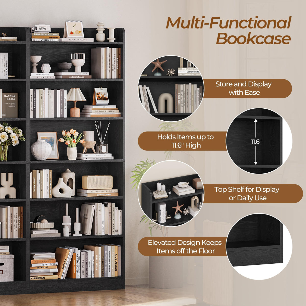 Black 7-Tier Adjustable Shelves Bookcase A5937