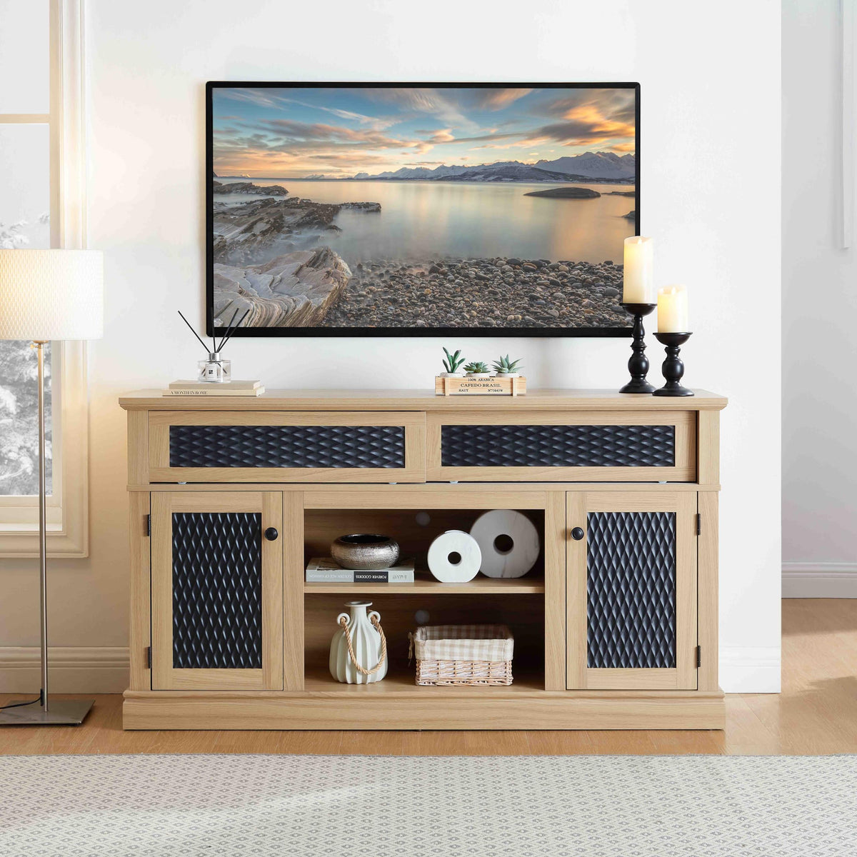 58 Inch Light Oak TV Stand with Sliding Doors T9806